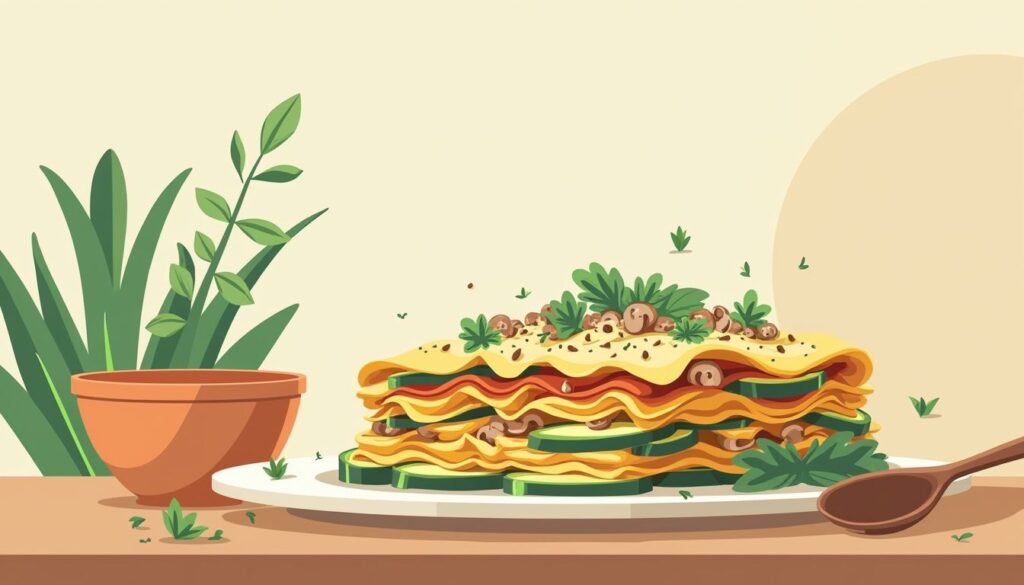 Minimalistische vectorillustratie van gezonde lasagna met courgette en champignons.