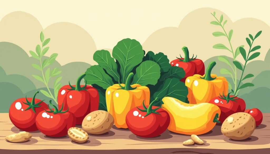 Vrolijke vegetatieve illustratie met groenten en fruit op een houten tafel.