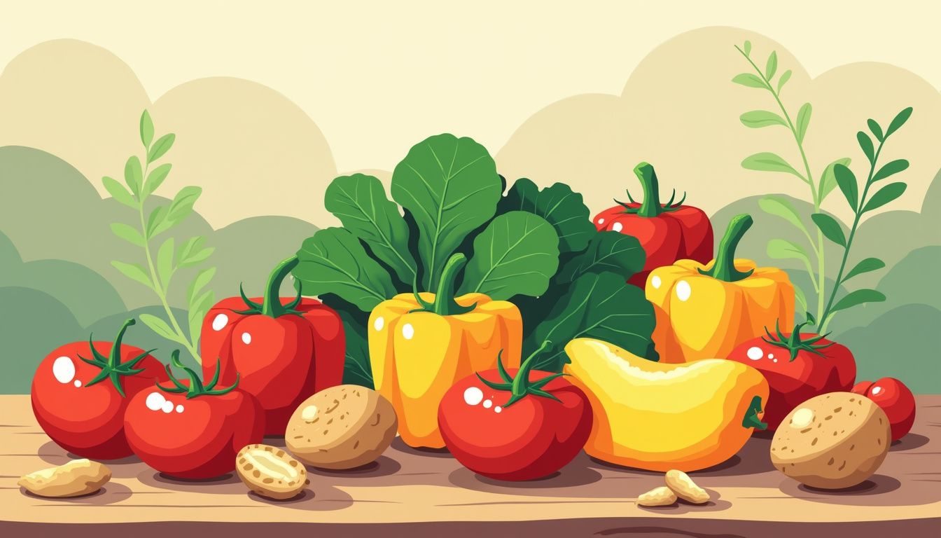 Vrolijke vegetatieve illustratie met groenten en fruit op een houten tafel.