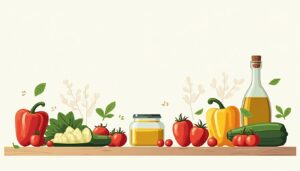 Een rustieke keuken met kleurrijke groenten en kruiden op een aanrecht.