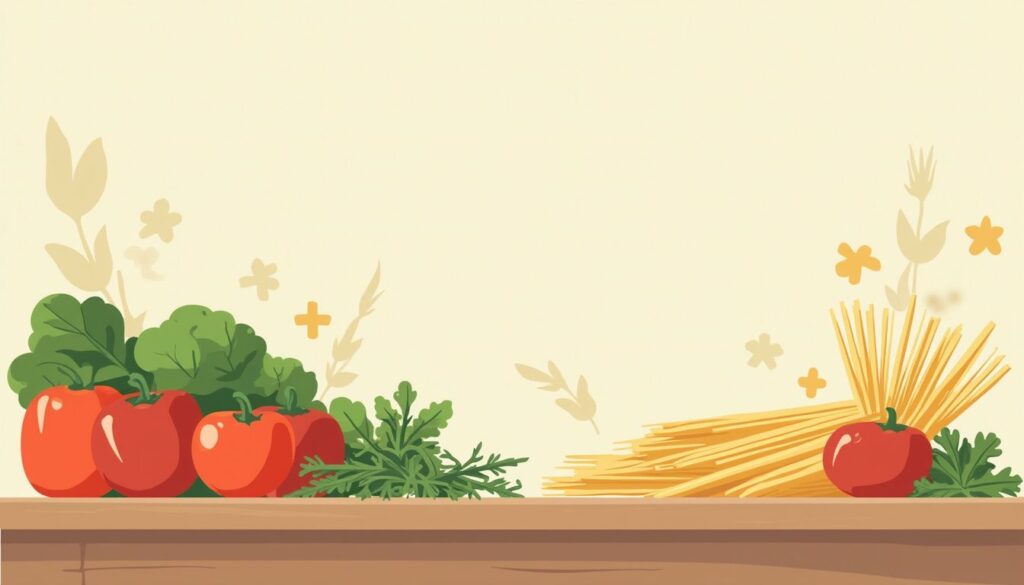 Een minimalistische illustratie van een rustieke keukentafel met groenten.