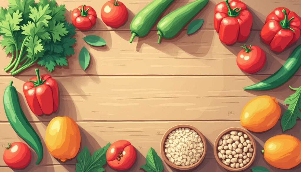 Een minimalistische illustratie van een rustieke keukentafel met verse producten.