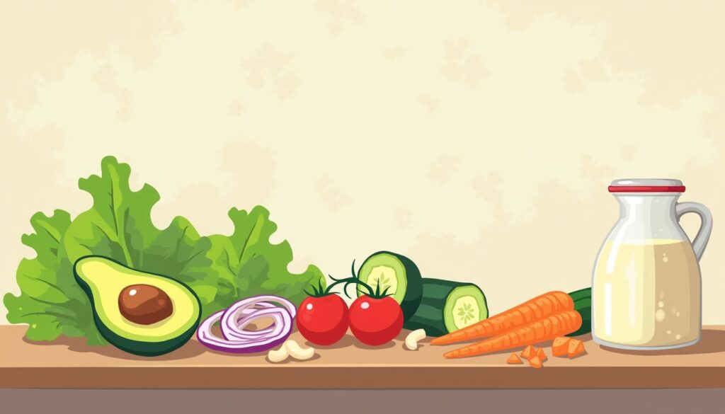 Minimalistische vectorillustratie van een houten keukentafel met salade-ingrediënten.