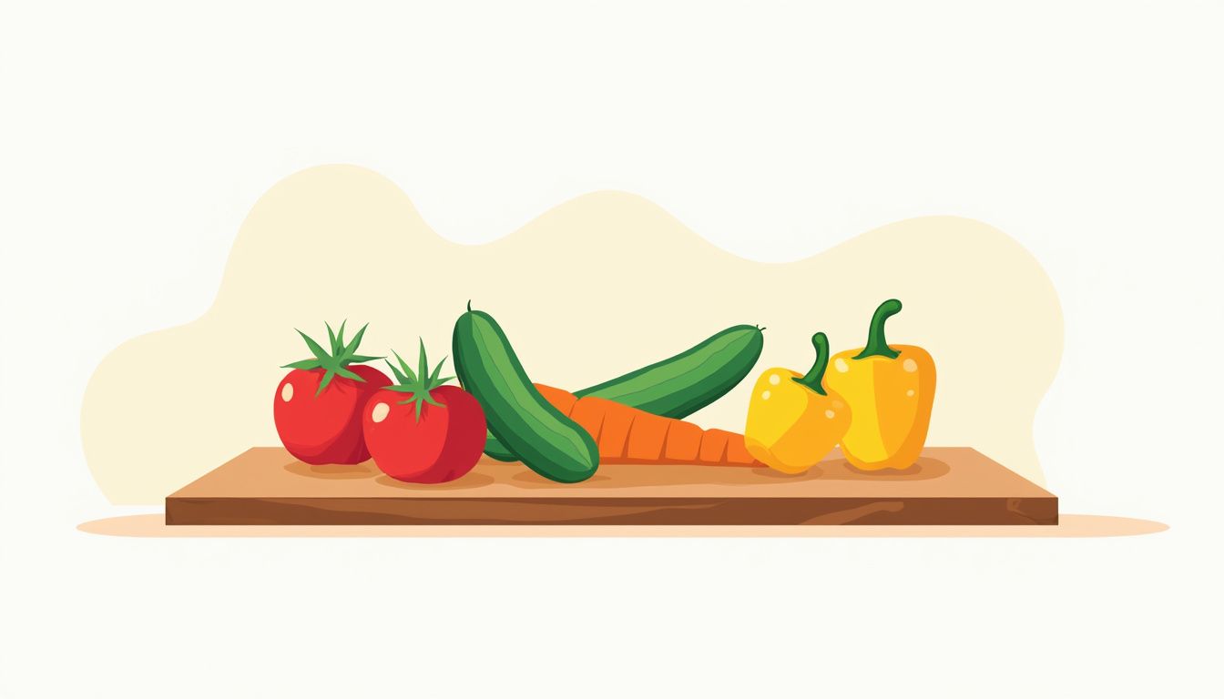 Minimalistische vectorillustratie van verse groenten en fruit op een snijplank.