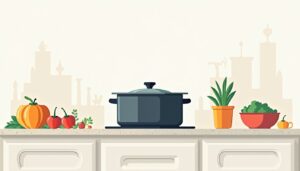 Moderne keukenillustratie met een slowcooker en verse ingrediënten.