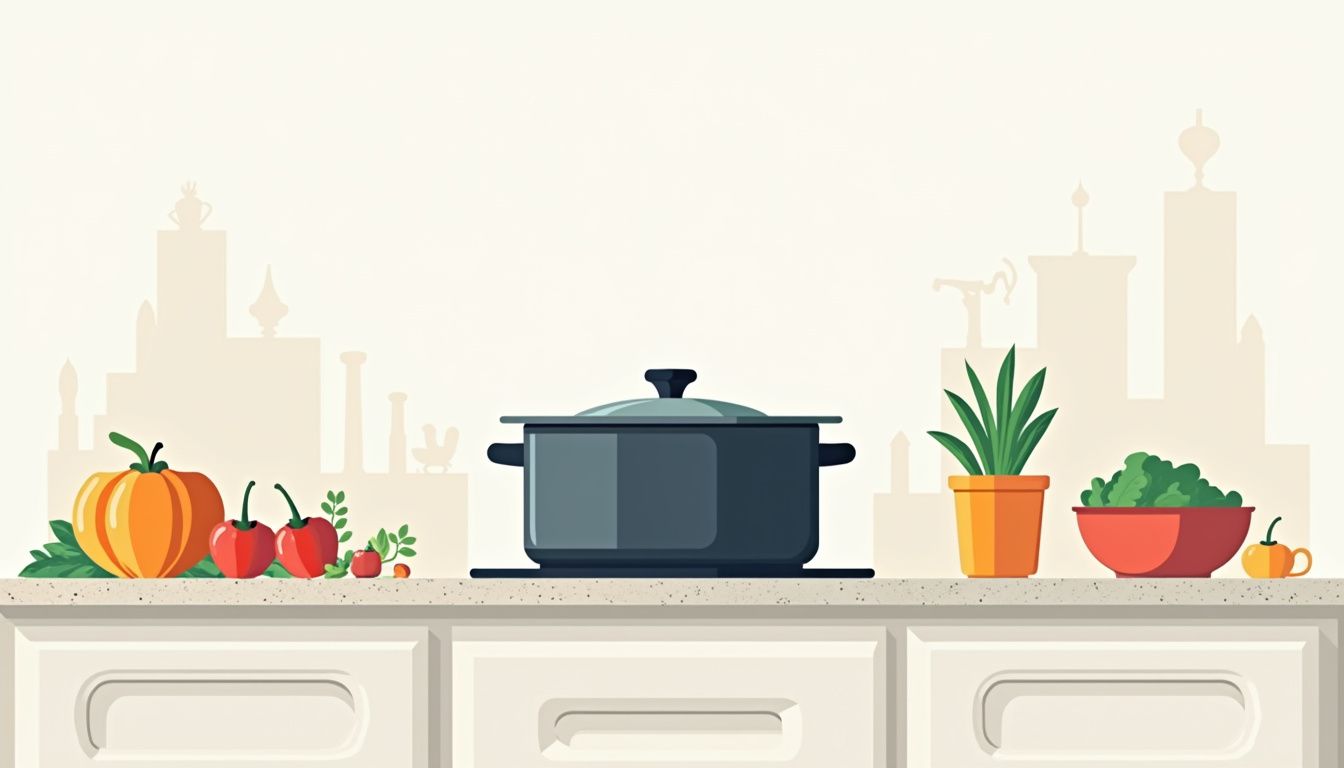 Moderne keukenillustratie met een slowcooker en verse ingrediënten.