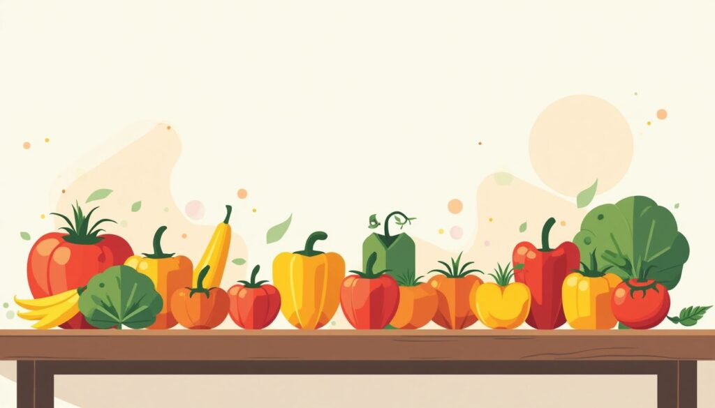 Minimalistische vectorillustratie van fruit en groenten op een houten tafel.