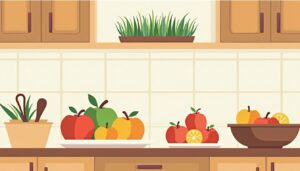 Minimalistische illustratie van een gezellige keuken met fruit en kruiden.