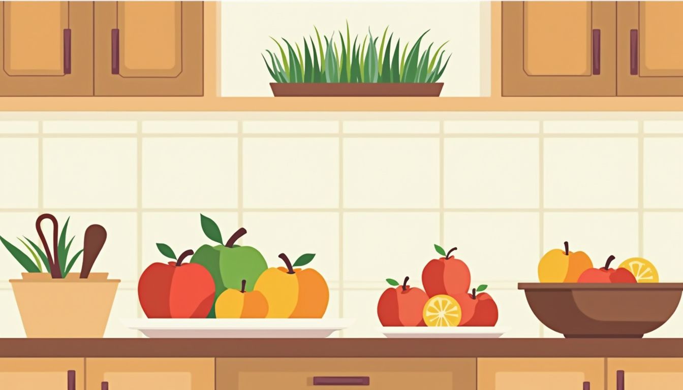 Minimalistische illustratie van een gezellige keuken met fruit en kruiden.