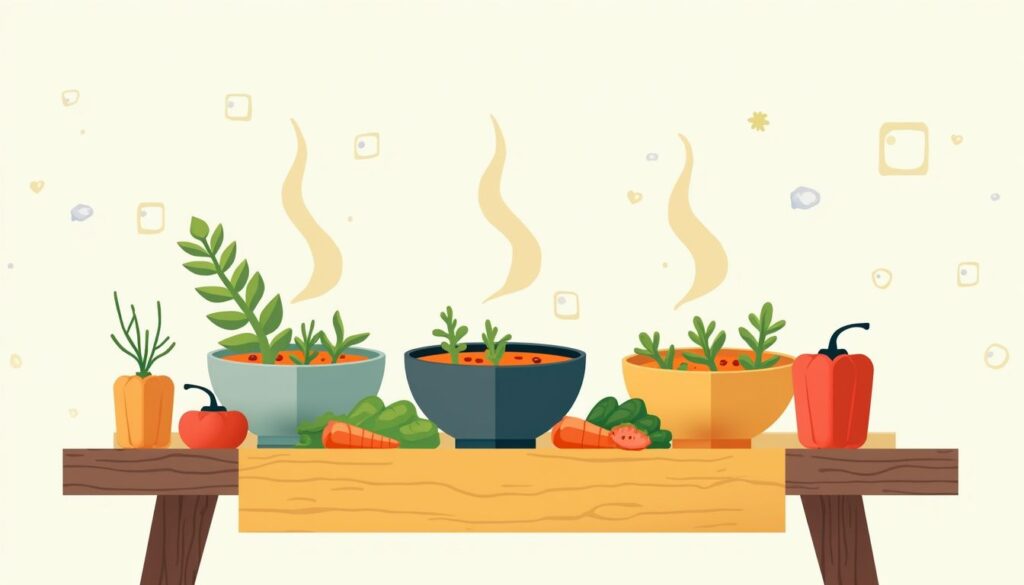 Vlakke illustratie van een rustieke keukentafel met kleurrijke soepkommen.