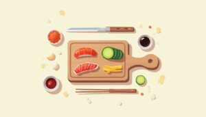 Vectorillustratie van een snijplank met groenten en sushi-tools.