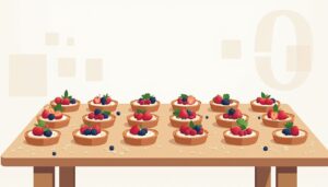 Rustieke houten tafel met kleurrijke fruittaarten en frisse ingrediënten.