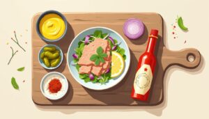 Een vlakke illustratie van ingrediënten voor een gezonde tonijnsalade.