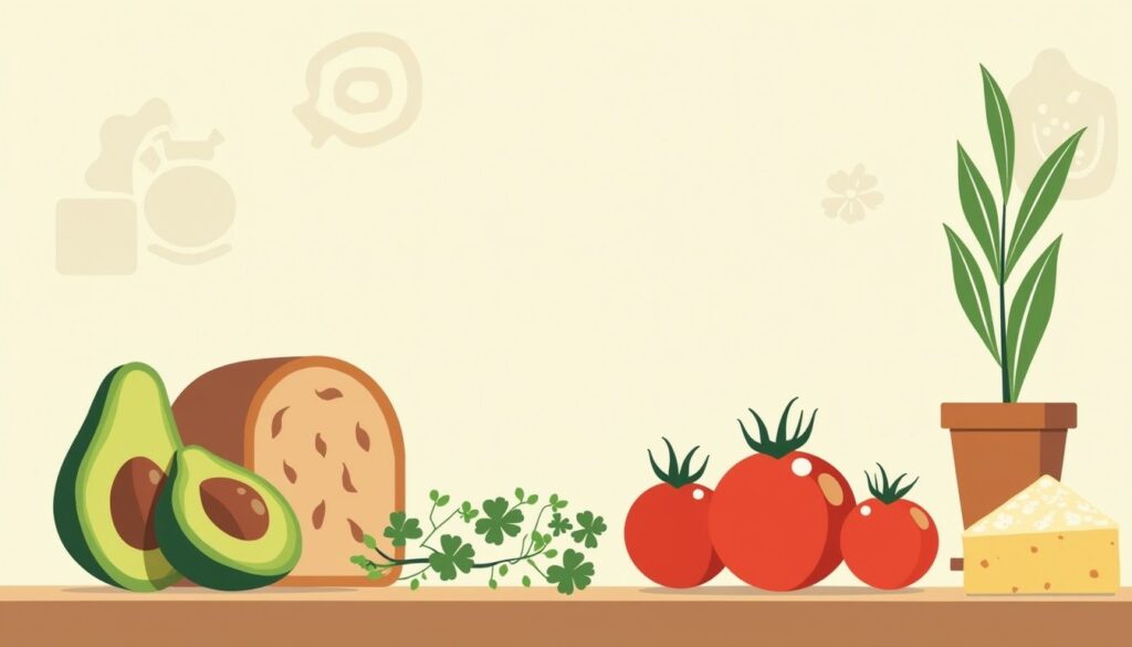 Minimalistische vectorillustratie van een rustieke keuken met eten.