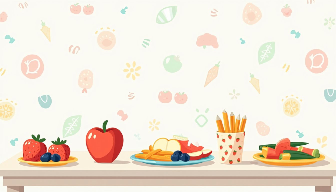 Vrolijke, gezonde snacks op een kindvriendelijke tafel in een cafeteria.