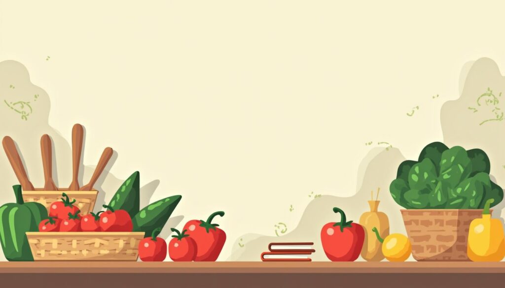 Vectorillustratie van een rustieke keuken met verse groenten en kookboeken.