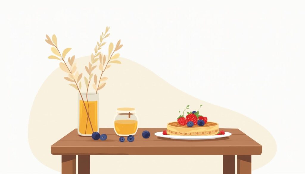 Minimalistische keuken met havermoutwafels en fruit op een houten tafel.