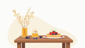 Minimalistische keuken met havermoutwafels en fruit op een houten tafel.