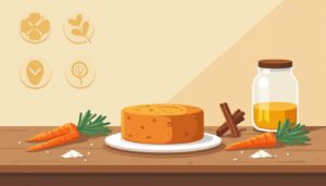 Minimalistische illustratie van een rustieke keuken met een bovenstaande worteltaart.