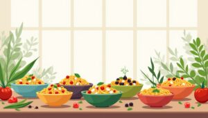 Rustieke tafel met kleurrijke kommen pasta salade en groentenillustraties.