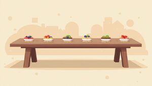 Minimalistische illustratie van gezonde desserts op een houten tafel.