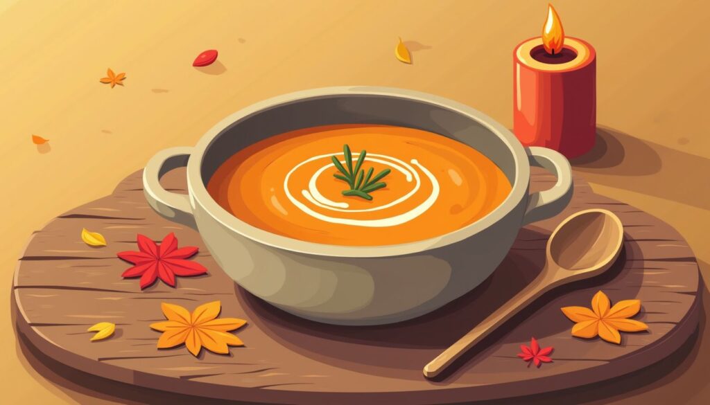 Vlakke illustratie van pompoensoep op een houten tafel met bladeren.