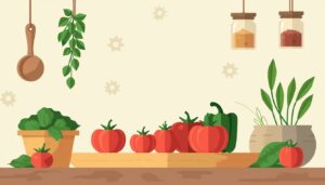 Minimalistische illustratie van een rustieke keuken met groenten en kruiden.