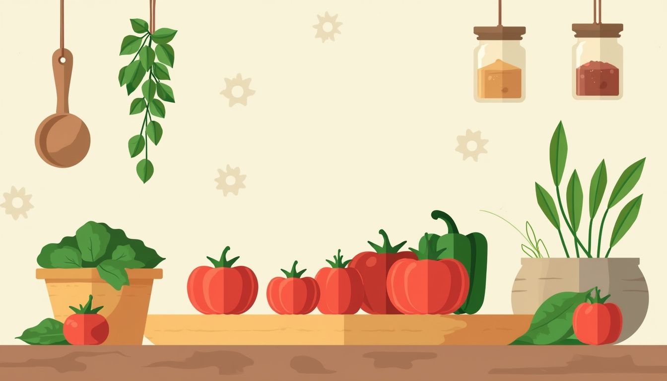 Minimalistische illustratie van een rustieke keuken met groenten en kruiden.