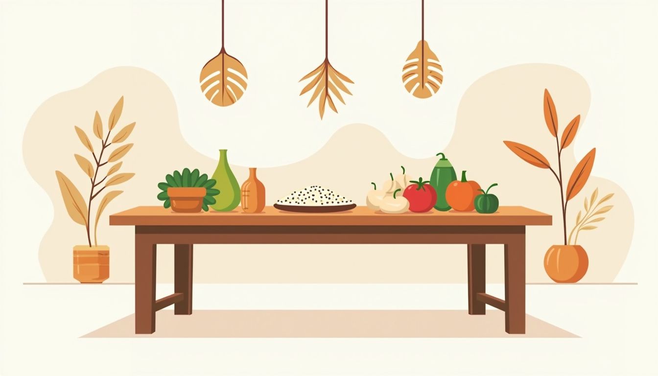 Minimalistische illustratie van een houten eettafel met abstracte voedselvormen.