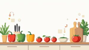 Minimalistische vectorillustratie van een georganiseerde keuken met kleurrijke ingrediënten.