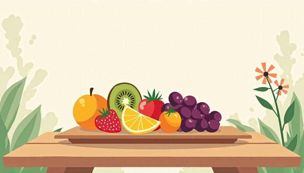 Vibrante fruitplank met geometrische vormen op een houten picknicktafel.