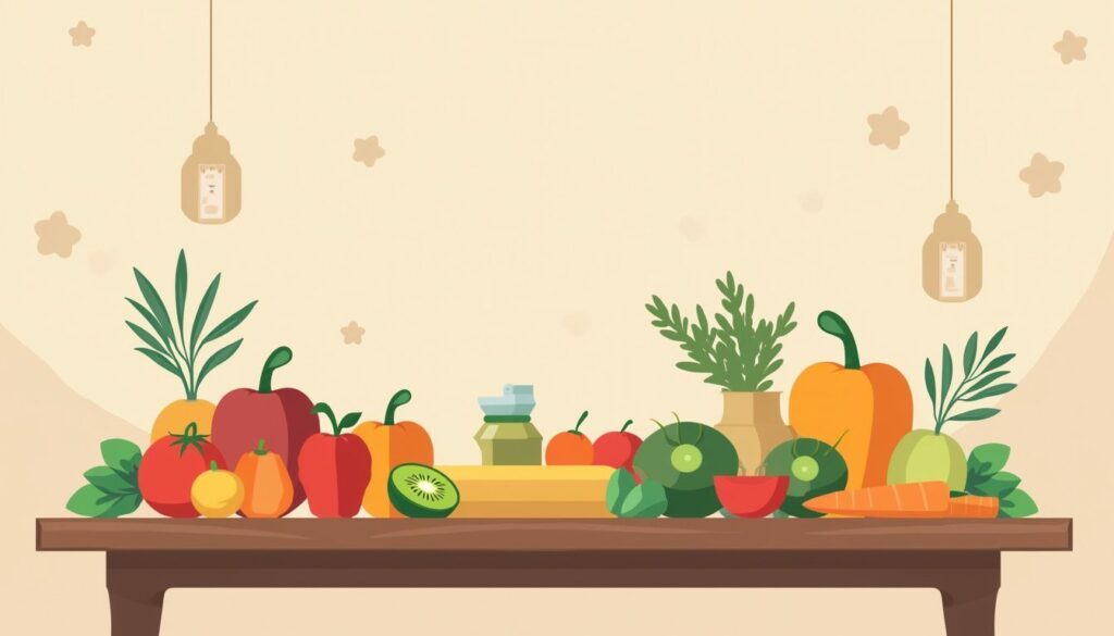 Eenvoudige vectorillustratie van een keukentafel met verse producten.