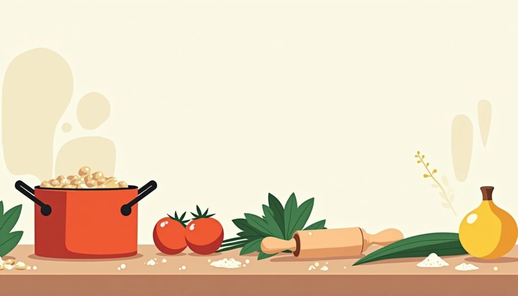 Minimalistische keukenillustratie met bonen, tomaten en kruiden op houten aanrecht.